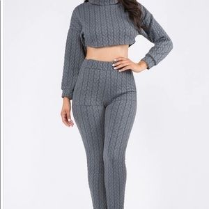 Gray Quilted Turtle Neck Top and Pants Set
